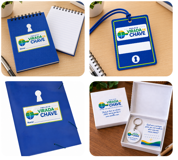 Materiais do participante: caderno, crachá, pasta e kit de boas-vindas do Virada de Chave