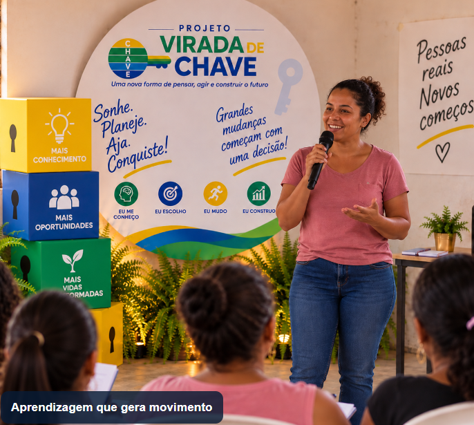 Participante conduzindo uma oficina do Virada de Chave diante de um grupo